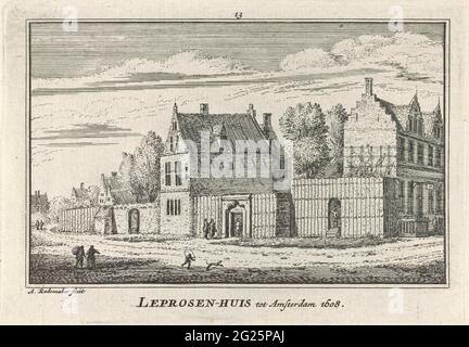 Vista della Leprzen House di Amsterdam, 1608; Leprsen House di Amsterdam 1608. Vista della protesi murata di Amsterdam, nella situazione intorno al 1608 (per la degradazione del muro nel 1609). All'epoca ai margini di Amsterdam, vicino alla piazza corrente del corso d'acqua. Un certo numero di figure per l'edificio, compreso un bambino che gioca e un cane. Foto Stock