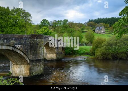 Vista panoramica, rurale sul fiume, sul ponte storico, in pietra, ad arco che attraversa le acque fluenti del fiume Wharfe - Ponte di Barden, Yorkshire Dales, Inghilterra, Regno Unito. Foto Stock