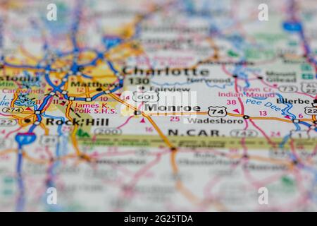 Monroe North Carolina USA mostrato su una mappa stradale o su una mappa geografica Foto Stock