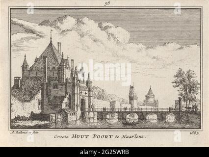 Grande porta in legno a Haarlem; grande porta in legno a Haarlem 1682. Vista della grande porta di legno di Haarlem nella situazione intorno al 1682. Sullo sfondo la piccola porta in legno e i Kalistori. Foto Stock