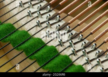 Corde e pioli di sintonizzazione con feltro da un pianoforte a coda Foto Stock