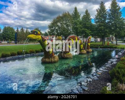 Quebec Province, Canada, settembre 2019, coloratissimo topiario animale che assomiglia a Memfré un serpente/drago figure immaginarie in uno stagno della città di Magog Foto Stock