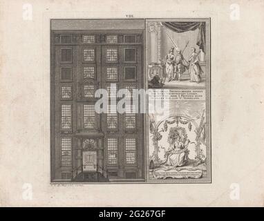 Illuminazione da una casa ad Amsterdam in onore della nascita di Willem V come Stadholder, 1766. Illuminazione della residenza del sig. Scholten van Aschat ad Amsterdam in onore dell'avvento di Willem V come titolare di uno stadtholder nel 1766. In alto a destra Stadtholder Willem / Stadtholder Willem / religione e libertà. Il leone olandese è a terra. In basso a destra c'è la personificazione della giustizia e della verità sul trono sotto il sole della giustizia e l'occhio di Dio. Il trono è decorato con il leone olandese con lancia di libertà. Foto Stock