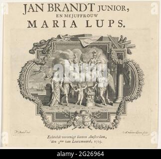 Allegoria matrimonio; annuncio di Jan da Jan Brandt Junior e Maria Lups. Allegoria matrimonio, messo in una graziosa lista con le braccia delle famiglie bruciando e cuccioli. Una coppia è guidata da Amor ad una colonna sacrificale su cui si trovano i cuori brucianti. Juno e Minerva guardano in aria da una nuvola. Foto Stock