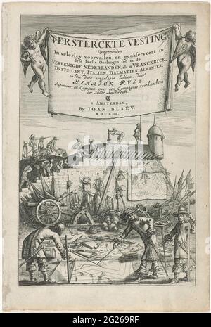 Pagina del titolo di Henrich Ruse, fortezza di Versterckte, 1654. Sotto il titolo ci sono vari uomini che costruiscono un muro di fortificazione. In primo piano tre uomini con strumenti di misura e una mappa di una fortificazione. Per i bastioni ci sono armi e bandiere, e sulla riva, strumenti di misurazione e un foglio con calcoli. Foto Stock