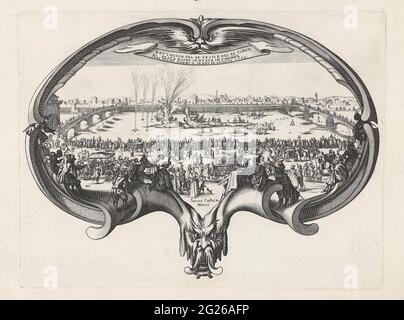 La girante; Javelin tra Ververs e Wevers a Firenze (25 luglio 1619); Battaglia del Re testi e del RE Tinta Festa Rapresentata a Firenze nel Fiume d'Arno il di XXV di Luglio 1619. Vista sul fiume Arno a Firenze, dove si svolge una marmellata tra Ververs e Wevers. Dalle banche e dai due ponti, molte parti interessate stanno dando i festeggiamenti. In primo piano alcuni carrelli e parti di ricambio del nome. In cima alla mostra una banderola con testo italiano. La scena viene catturata in una cartouche sotto forma di una serie, da cui il soprannome di questa stampa. Foto Stock