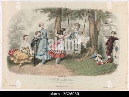 La Mode Illustrée, 1867, No. 29: Costumi d'Enfants. Cinque ragazze, una delle quali siede su un'altalena, in un parco. Un ragazzo con un cerchio in mano, si appoggia contro una balaustra. Stampa dalla rivista la Mode Illustrée mode (1860-1937). Foto Stock