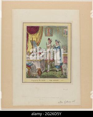 Avanzamento della toilette, dei sostegni; WC: Traino del corset. N. 1 di una serie di tre stampe con le diverse fasi della marca della toilette. 1810. Una donna in indumenti intimi si trova di fronte al suo specchio da toletta, un cappello sopra la pettinatura. La cameriera la calava nel corset. Sulla toeletta, un cuscino, flaconcini e altri prodotti da bagno. Una libreria chiusa contro il muro. Una scala di acqua e può agnello sul terreno. La stampa è dichiarata che il disegno di un dilettante è. Foto Stock