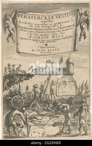 Pagina del titolo di Henrich Ruse, fortezza di Versterckte, 1654. Sotto il titolo ci sono vari uomini che costruiscono un muro di fortificazione. In primo piano tre uomini con strumenti di misura e una mappa di una fortificazione. Per i bastioni ci sono armi e bandiere, e sulla riva, strumenti di misurazione e un foglio con calcoli. Foto Stock