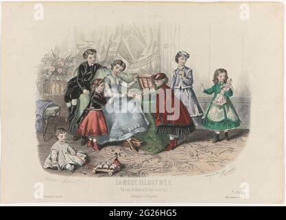 La moda illustrée, ca. 1868, n. 51: Costumi d'Enfants (...). Una giovane donna e sei bambini in un interno. Giocano con i giocattoli e sono vestiti in vari costumi. Stampa dalla rivista la Mode Illustrée mode (1860-1937). Foto Stock