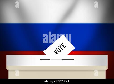 Elezioni legislative in Russia, Modern Voting background Concept, astratto Voting Box e bandiera russa nella parte posteriore Foto Stock