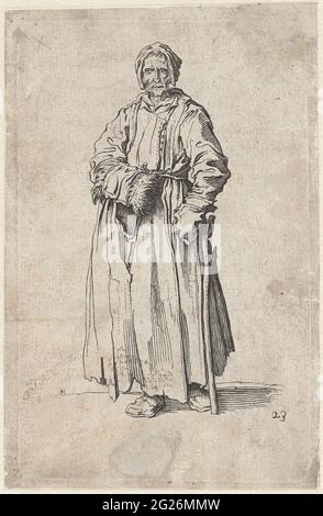 Beggares con una manica e un bastone; Les Gueux / Les Mendiants / Les Baroni / Les Barons; Beggars. Donna vestita in stracci, vista dalla parte anteriore, cieca, mano destra in una manica, con la mano sinistra poggiata su un bastone. Questa stampa fa parte di una serie di 25 (?) Stampe con mendicanti e vagabondatori, come Callot che probabilmente ha visto in Italia. Foto Stock