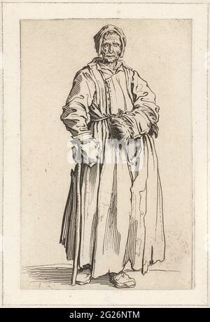 Beggares con una manica e un bastone; Les Gueux / Les Mendiants / Les Baroni / Les Barons; Beggars. Donna vestita in stracci, vista dalla parte anteriore, cieca, mano sinistra in una manica, con la mano destra poggiata su un bastone. Questa stampa fa parte di una serie di 25 stampe con mendicanti e vagabondatori, come Callot che probabilmente ha visto in Italia. Foto Stock