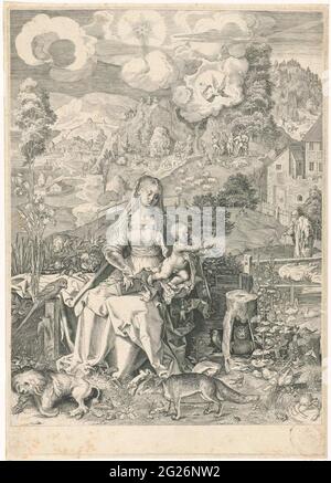 Maria con bambino in un paesaggio. Maria con il Cristo bambino in grembo. Sullo sfondo un paesaggio montano con un angelo che annuncia la nascita di Cristo ad un gruppo di pastori. Tutti i tipi di animali in primo piano. Foto Stock