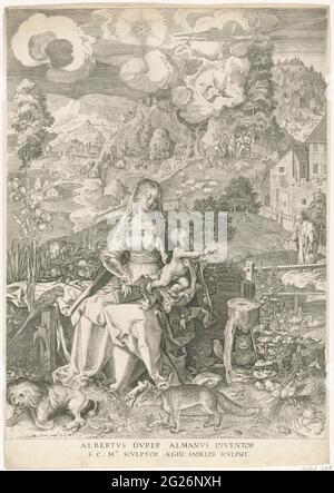 Maria con bambino in un paesaggio. Maria con il Cristo bambino in grembo. Sullo sfondo un paesaggio montano con un angelo che annuncia la nascita di Cristo ad un gruppo di pastori. Tutti i tipi di animali in primo piano. Foto Stock