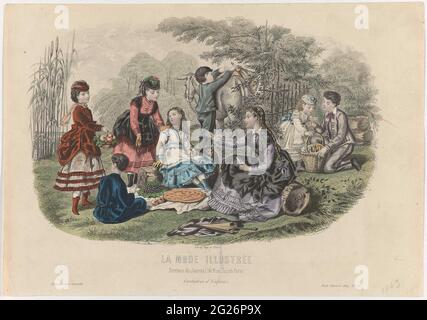 La Fashion Illustrée, 1869, n. 46: Costumi d'Enfants. Cinque ragazze e tre ragazzi sono pic-nic. Stampa dalla rivista la Mode Illustrée mode (1860-1937). Foto Stock