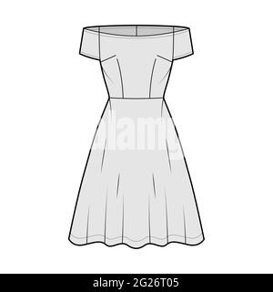 Set di abiti off-shoulder Bardot illustrazione tecnica moda con maniche corte, corpo montato, gonna semicircolare lunghezza ginocchio. Parte anteriore dell'abbigliamento piatto, colore grigio. Donne, uomini unisex CAD mockup Illustrazione Vettoriale