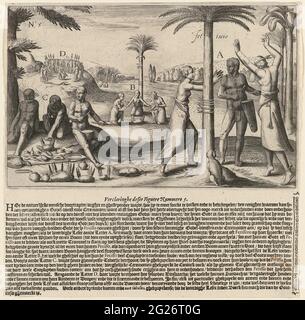 Rituali del popolo della Guinea; Descrizione dei Goudas della Guinea. Diversi rituali del popolo della Guinea per onorare il loro Dio 'Fetisso'. A D si può vedere un incontro settimanale il martedì dove i bambini vengono battezzati. A-C mostra come 'Fetisso' è onorato da danza, musica e cibo per ottenere protezione da lui. Foto Stock