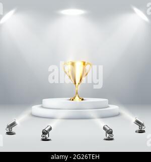 Coppa del podio dorata su sfondo chiaro. Trofeo sportivo. Concetto di vittoria. Premio vincitore. Illustrazione Vettoriale