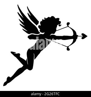 Carino Cupido, isolato angelo amour con arco e freccia a forma di cuore. Silhouette per San Valentino, design a tema d'amore. Illustrazione Vettoriale