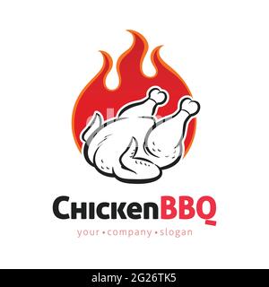 Logo vettoriale di pollo grigliato modello con fiamme. Concetto di barbecue in cartoon line stile art segno, simbolo. Illustrazione Vettoriale