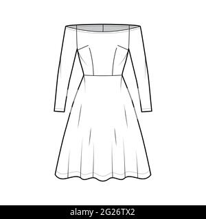 Abito off-shoulder Bardot illustrazione tecnica moda con maniche lunghe, corpo calzato, lunghezza ginocchio gonna semicircolare. Parte anteriore dell'abbigliamento piatto, colore bianco. Donne, uomini unisex CAD mockup Illustrazione Vettoriale