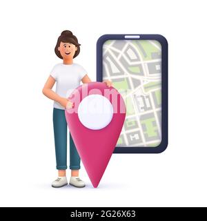 Giovane donna Jane che contrassegna le località sulla mappa online della città sullo smartphone. Navigazione, assegnazioni, concetto aziendale. illustrazione dei caratteri vettoriali 3d Illustrazione Vettoriale