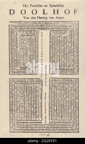 Il labirinto francese e spagnolo del duca d'Angiò, 1706; il labirinto di Franche e Spaanche van den Hartog van Anjou. La Maz francese e spagnola del Duca d'Angiò (re Filippo V), 1706. Labirinto con iscrizioni, tutto in stampino. Parte di un gruppo di singoli cartrenti a Luigi XIV durante la guerra di successione spagnola, ca. 1701-1713. Foto Stock