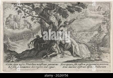 Clymene e Phaethon; Metamorfosi da Ovidio. Phaëthon si inginocchia accanto alla madre Clymene, che punta al cielo dove si trova il Tono Apollo del padre. Sulla sinistra sullo sfondo, Phaëthon chiede se può guidare il padre in macchina. Nel margine una didascalia di quattro righe, in due colonne, in latino. Foto Stock