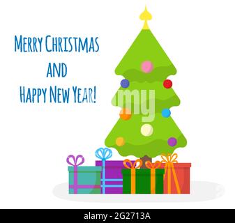 Albero verde di Natale con regali colorati con nastri e palle di Capodanno, decorazione in cima. Buon natale e felice anno nuovo biglietto d'auguri, banner, poster. Elementi di design per le vacanze. Illustrazione Vettoriale