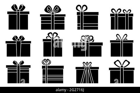 Set nero con linee piatte vettoriali glyph regalo con vari nastri isolati su sfondo bianco per app mobili e siti web. Scatole simmetriche. Natale, felice compleanno icona presente. Illustrazione Vettoriale