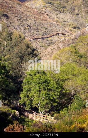 Vista generale della Passadiço da Ribeira de Quelhas a Coentral, Serra da Lousã, Portogallo, durante il giorno. Foto Stock