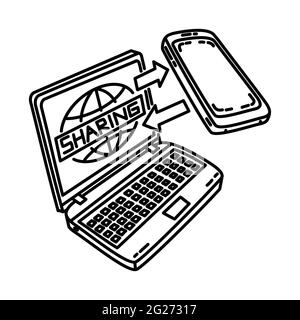 La condivisione dei dati fa parte del set di icone del vettore disegnate a mano del dispositivo di trasmissione. Illustrazione Vettoriale