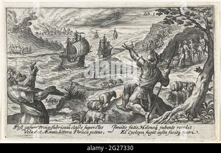 Eneas sfuggire l'isola della ciclopena; Speculum Eneidis Virgilianae. Enea e i suoi compagni scappano dall'isola della ciclopena, dove le pecore giganti del polifemo tenevano come scorta alimentare. Sullo sfondo la città ardente di Troje. Nel margine una didascalia di quattro righe, in due colonne, in latino. Foto Stock
