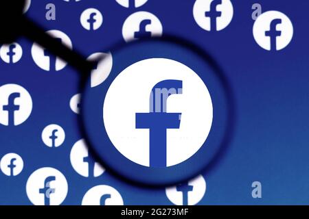 Brasile. 8 giugno 2021. In questa illustrazione fotografica un logo Facebook viene visualizzato sullo schermo del computer tramite una lente di ingrandimento. (Foto di Rafael Henrique/SOPA Images/Sipa USA) Credit: Sipa USA/Alamy Live News Foto Stock