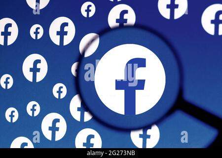 Brasile. 8 giugno 2021. In questa illustrazione fotografica un logo Facebook viene visualizzato sullo schermo del computer tramite una lente di ingrandimento. (Foto di Rafael Henrique/SOPA Images/Sipa USA) Credit: Sipa USA/Alamy Live News Foto Stock