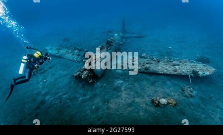 Tuffati esplorando il Mitsubishi Zero Wreck, Kimbe Bay, Papua Nuova Guinea. Foto Stock