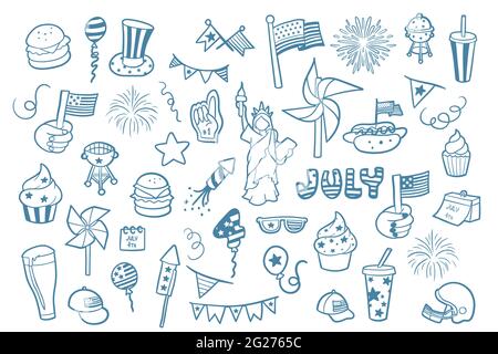 4 luglio, Independence Day degli Stati Uniti d'America celebrazione tema doodle Set, semplici contorni, raccolta di disegni a mano segni vettoriali. Illustrazione Vettoriale