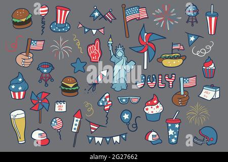 4 luglio, Independence Day degli Stati Uniti d'America celebrazione tema piatto colorato doodle set, elementi semplici e simboli vettore pack. Illustrazione Vettoriale