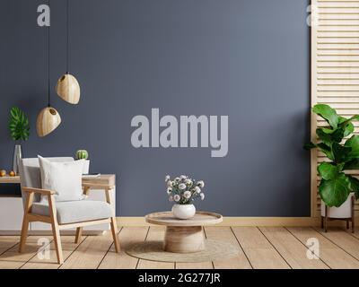Soggiorno interno camera parete mockup in toni scuri, poltrona grigia con mobili in legno.rendering 3d Foto Stock