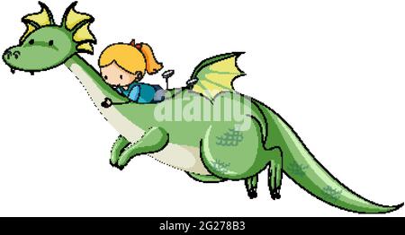 Bambina che cavalcano un'illustrazione del personaggio dei cartoni animati del drago Illustrazione Vettoriale