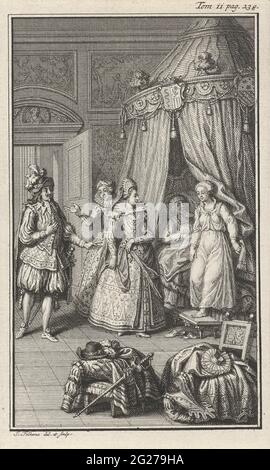 Coppia di amore catturata in un dormitorio. Tre figure riccamente vestite sono entrate in un dormitorio e trovano un uomo e una donna a letto. L'uomo è a letto mentre la donna è uscito dal letto in abito da notte. In primo piano giace vestiti su una sedia e uno sgabello. Stampare in alto a destra con l'etichetta: Tom. II. PAG. 238. Foto Stock
