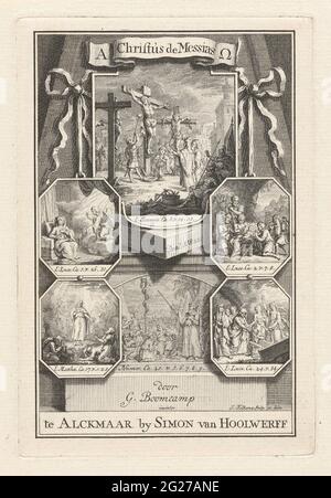 Sei scene bibliche della vita di Cristo; pagina del titolo per: C. Boomkamp, ​​Christ il Messia, 1741. Sei scene bibliche con scene della vita di Cristo su placche di diverso formato, collegate tra loro con nastri. La più grande e centrale targa mostra Cristo sulla croce che sarà offerta una spugna imbevuta di vino poco prima della sua morte. Ci sono riferimenti ai versi della Bibbia sotto le scene. Foto Stock