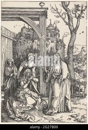 Cristo dice Arrivederci a Maria; vita di Maria. Maria si inginocchiò con il dolore che partì davanti a Cristo che le dice Arrivederci. Due donne (Martha e Maria Maddalena) sono dietro Maria. Un castello o una città sullo sfondo. Questa stampa fa parte di una serie di 20 stampe, costituite da un titolo stampato e 19 stampe con scene della vita di Maria. Foto Stock