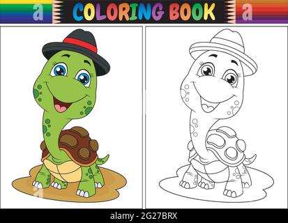 Libro da colorare con il cappuccio che indossa la tartaruga carina Illustrazione Vettoriale