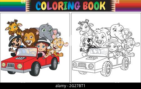 Libro da colorare con divertenti bambini e cartoni animati animali su auto rossa Illustrazione Vettoriale