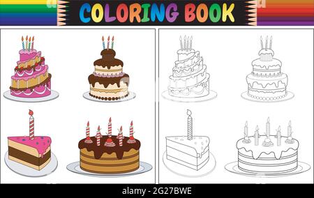Libro da colorare torta di compleanno con candele Illustrazione Vettoriale