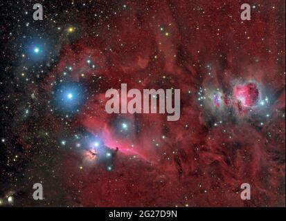 Orion Molecular Cloud Complex, che mostra la testa a Cavallo Nebula e Orion Nebula. Foto Stock