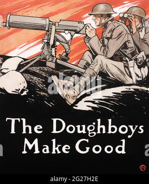 Storia militare americana stampa di soldati americani su un stakehout con didascalia, i Doughboys fare bene. Foto Stock