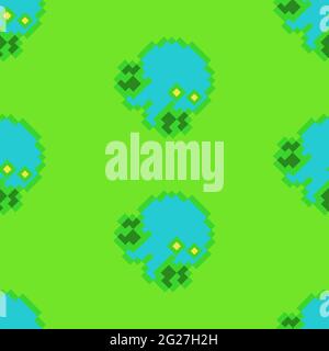 Modello di meduse senza cuciture verde acido in stile a 8 bit. Ornamento retrò al neon pixel art per stampa, cancelleria, disegno tessile, carta da imballaggio Illustrazione Vettoriale